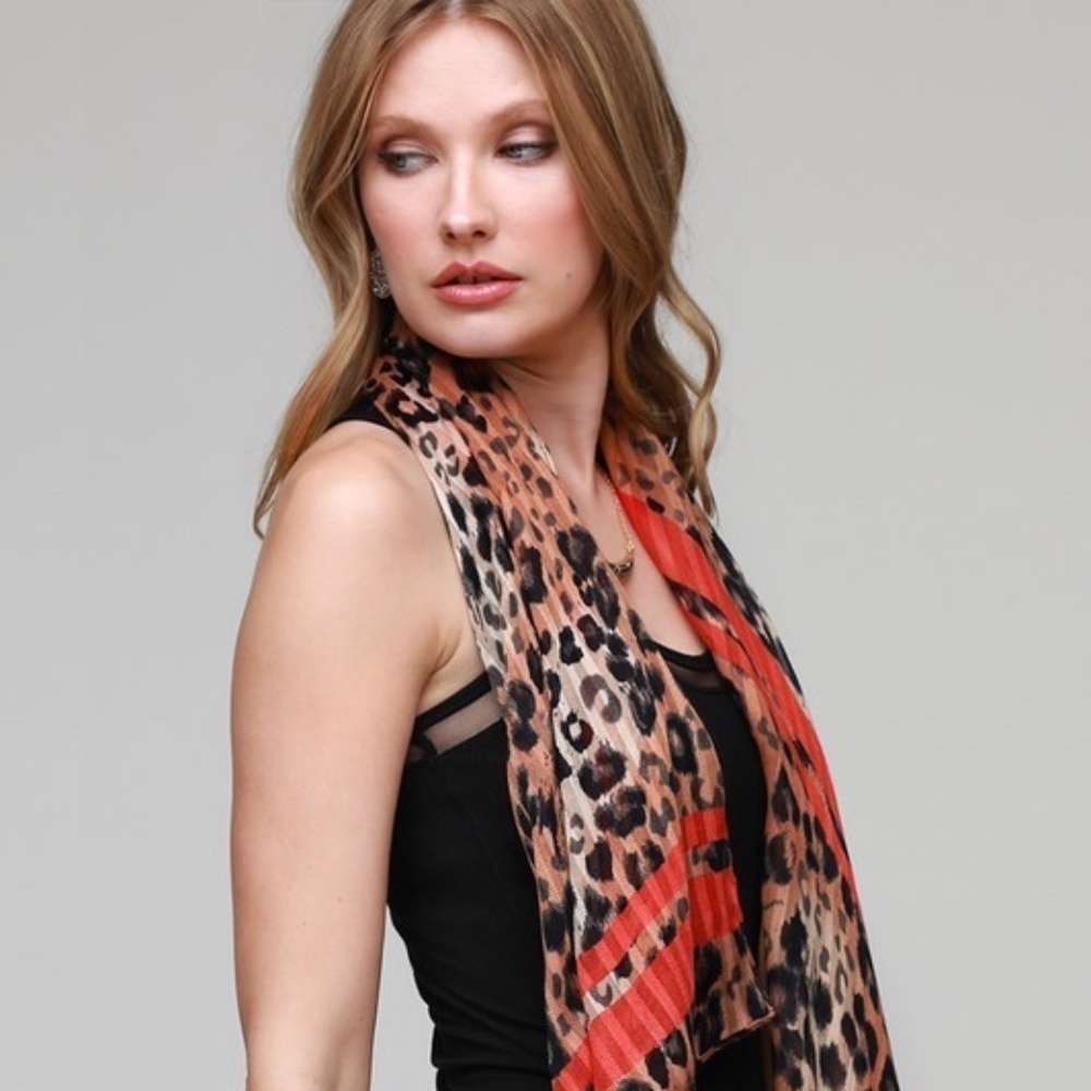 Women's Leopard Scarf Wrap Cover Up with Red Stripe One Size